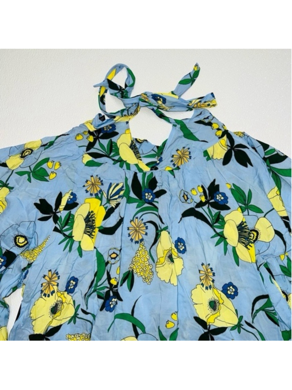 INC Light Blue Floral Long Sleeve Tie Neck Wear To Work Women Blouse Size XL - Picture 10 of 11